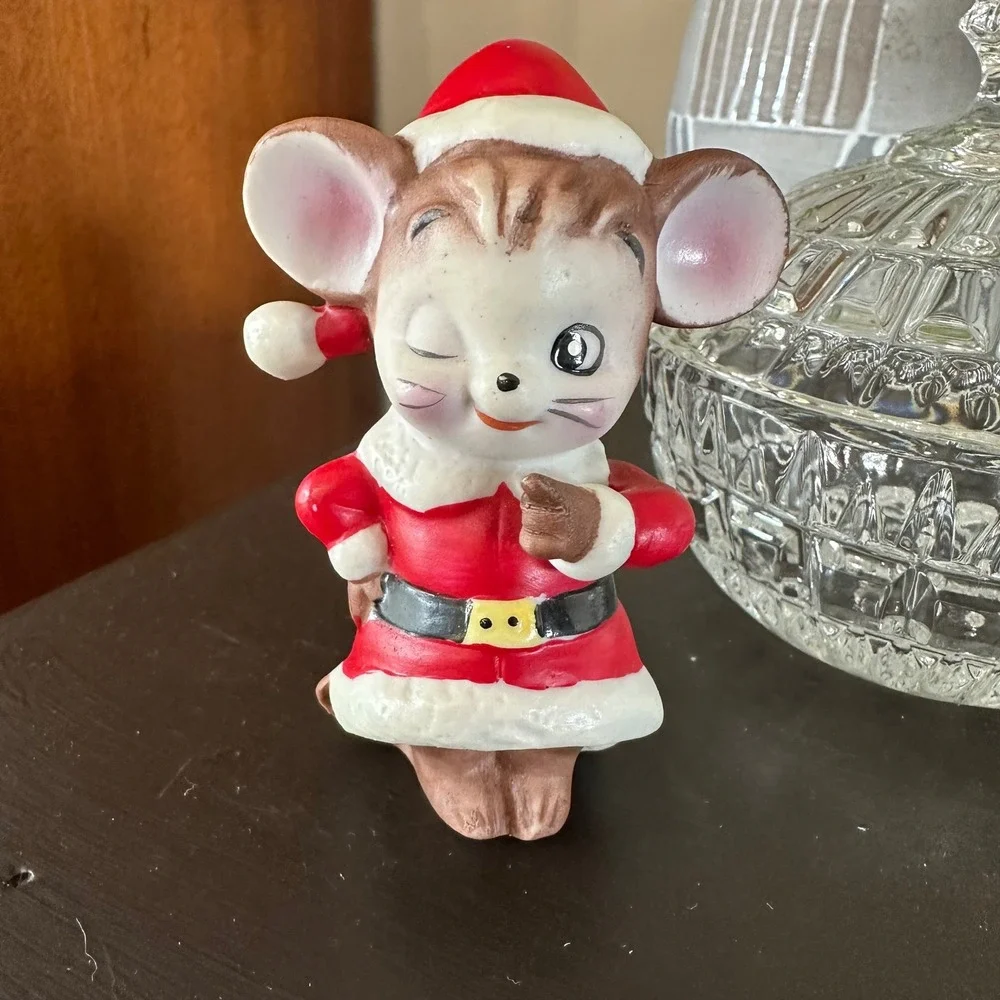 VTG Enesco Winking Christmas Mouse Figurine Santa Suit Ceramic 4